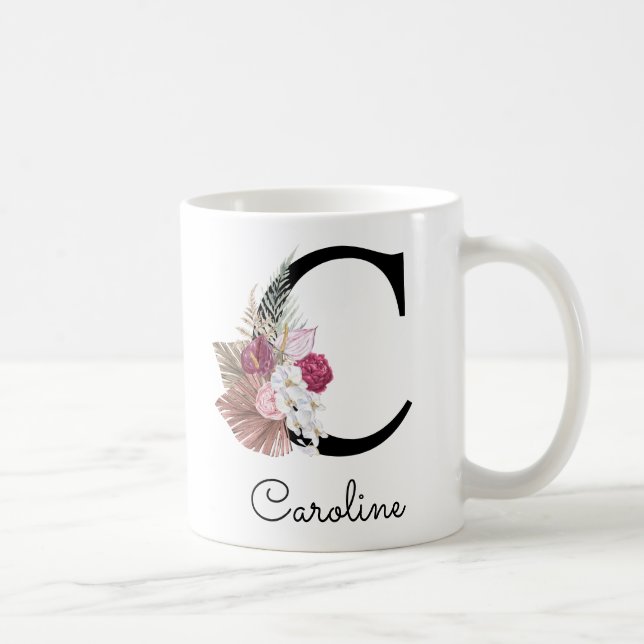 Mug Fille Boho rose moderne Floral C initial (Droite)