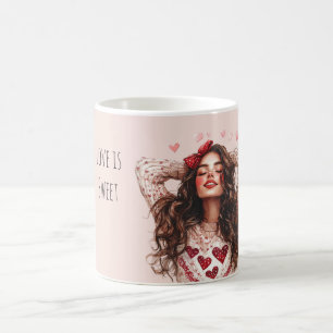 Mug Fille Brune Cœurs Rouges Saint-Valentin Amour