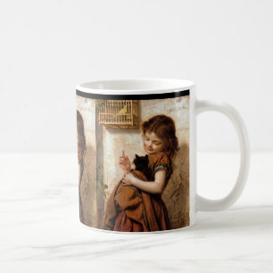 Mug Fille, chat de Kitty et oiseau - peinture vintage