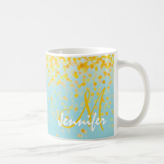 Mug Fille confetti jaune doré turquoise nom ombre (Droite)