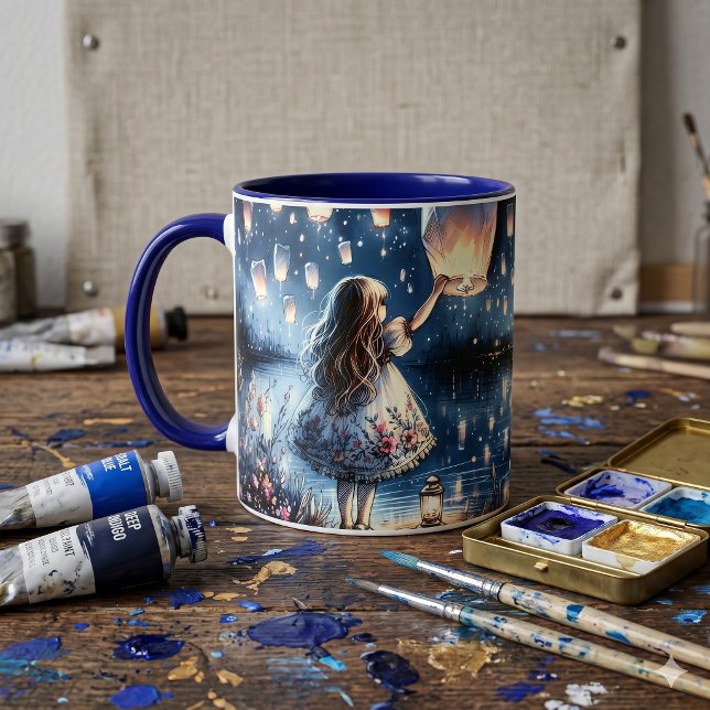 Mug Fille du lac aux lanternes célestes fantaisistes  (Whimsical Sky Lantern Lake Girl  Mug)