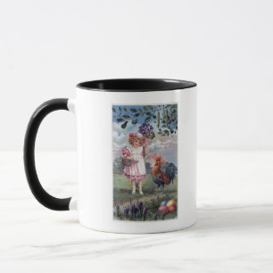 Mug Fille en rose tenant des fleurs violettes
