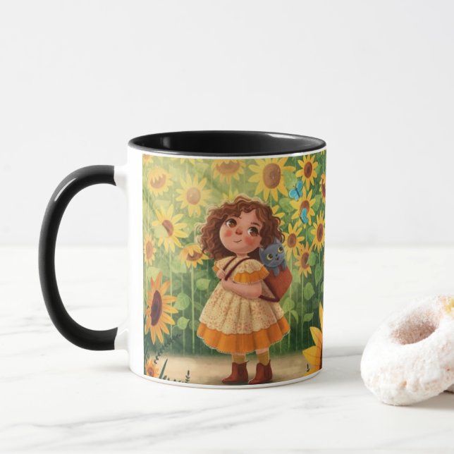 Mug Fille ensoleillée fantaisiste avec chat – Kind One (Avec donut)