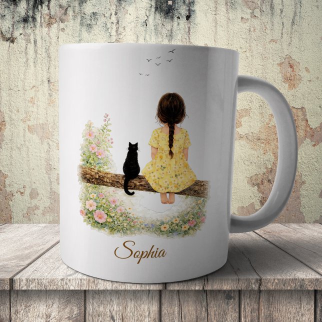 Mug Fille et chat noir sur une branche (Créateur téléchargé)