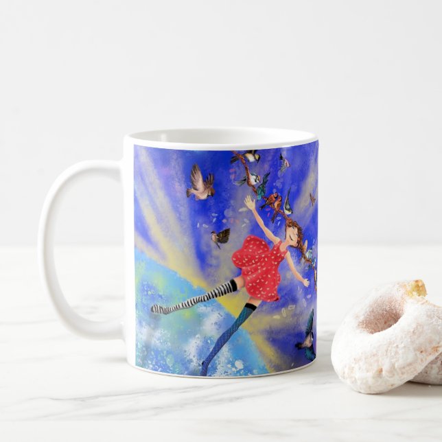 Mug Fille heureuse avec oiseaux - Bonheur - Joie - (Avec donut)