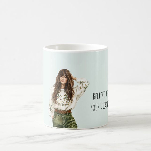 Mug Fille Jean Vert Cheveux Marrons Frange (Centre)