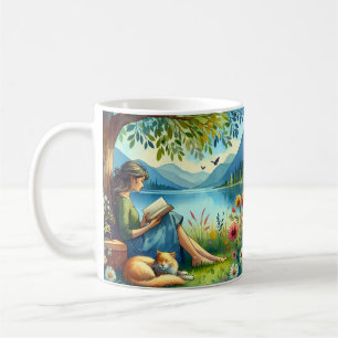 Mug Fille lisant un livre sous un arbre avec un chat e