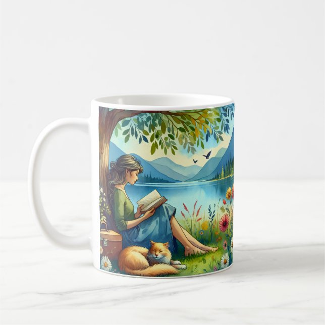 Mug Fille lisant un livre sous un arbre avec un chat e (Gauche)