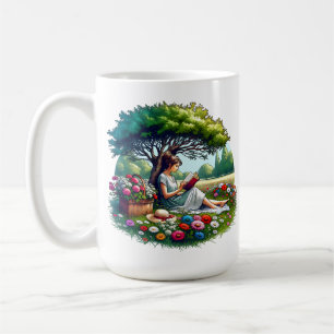 Mug Fille lisant un livre sous un arbre par une journé