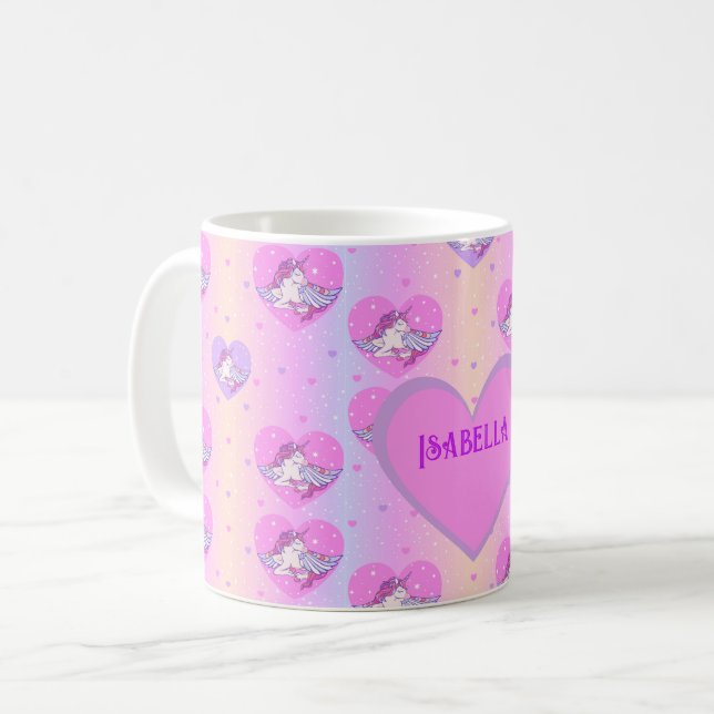 Mug Fille mignonne rose et violet licornes et coeurs M (Devant gauche)