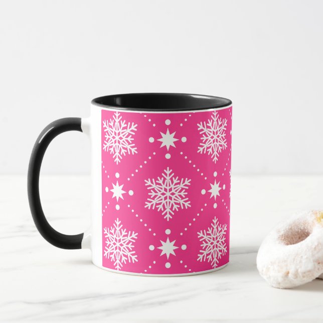 Mug Fille Motif de Noël rose et blanc Snowflakes (Avec donut)
