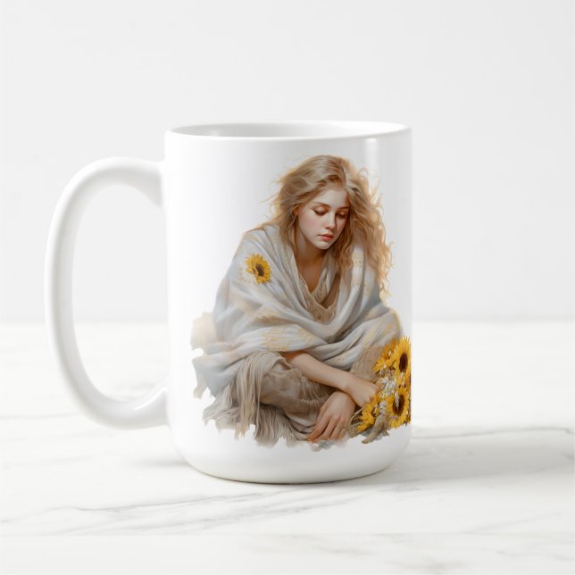 MUG FILLE PENSIVE DE L'AUTOMNE À L'AQUARELLE AVEC CHEV (Gauche)