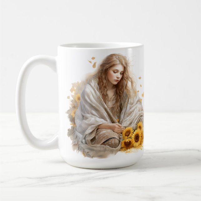 MUG FILLE PENSIVE DE L'AUTOMNE À L'AQUARELLE AVEC CHEV (Gauche)
