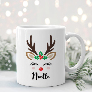 Mug Fille Reindeer Visage Nom personnalisé Noël