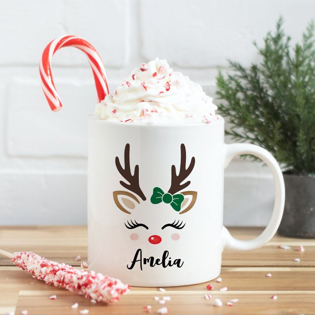 Mug Fille Reindeer Visage Nom personnalisé Noël (Créateur téléchargé)