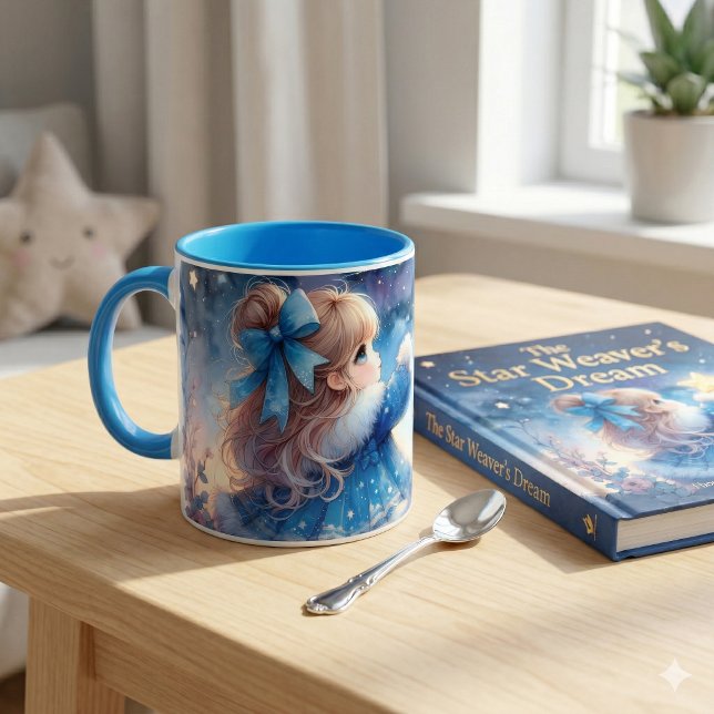 Mug Fille Rêveuse Observatrice d'Étoiles Aquarelle (Whimsical Star Gazer Girl Watercolor Mug)