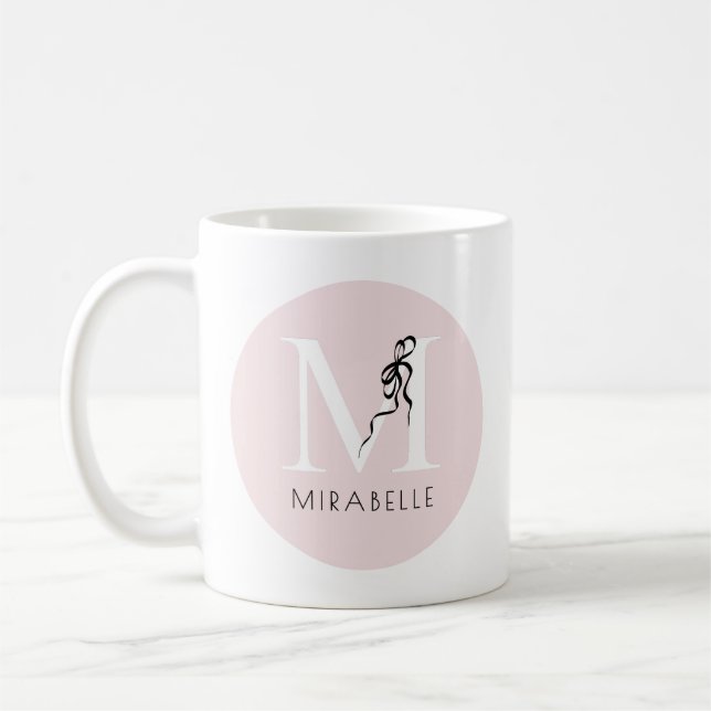 Mug Fille Rose Elegant Noir Bow Initial Mignonne Monog (Gauche)