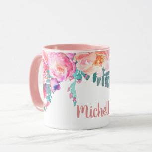 Mug Fille Rose Fleurs Élégant Nom Personnalisé 