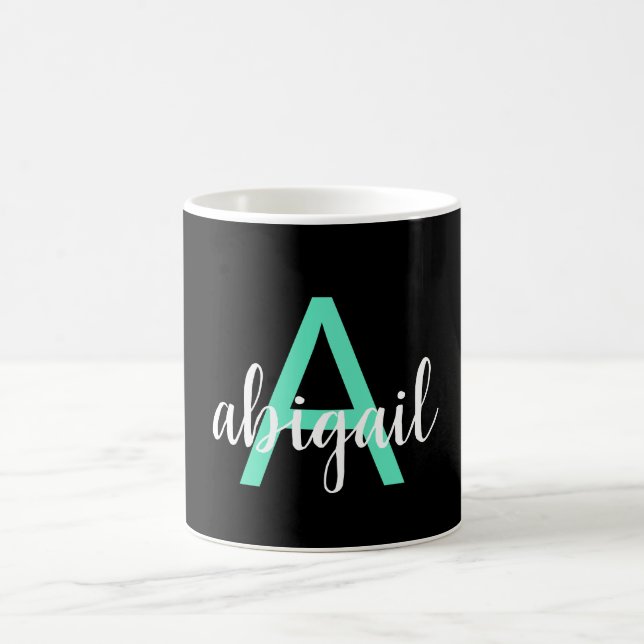 Mug Fille Turquoise Noire Élégante Monogramme moderne  (Centre)