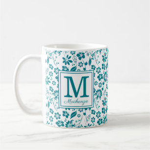 Mug Fille Turquoise Turquoise Fleurs Tropicales Monogr