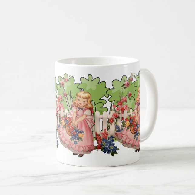 Mug Fille vintage avec fleurs dans le jardin (Devant droit)