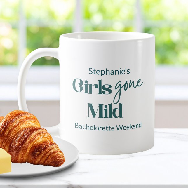 Mug Filles Devenues Sages Weekend de l'Enterrée de Vie (Girls Gone Mild Hand Drawn Teal Cursive Bachelorette Spa Weekend Coffee Mug)
