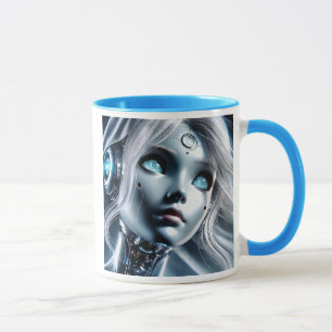 Mug Fillette androïde au regard bleu perçant.