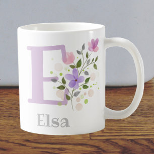 Mug First Initial Plus Name Elsa with Flowers