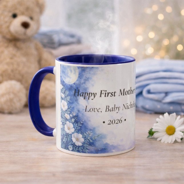 Mug First Mother’s Day Moon Floral Blue Personalized (Créateur téléchargé)