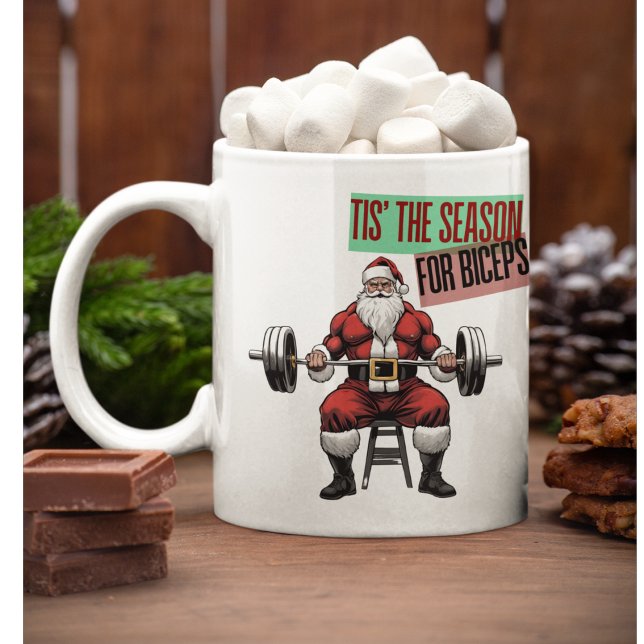 Mug Fitness amusant Noël Bicep Curls Barbell Père Noël (Tis' The Season For Biceps. A gym going Santa Coffee Mug)