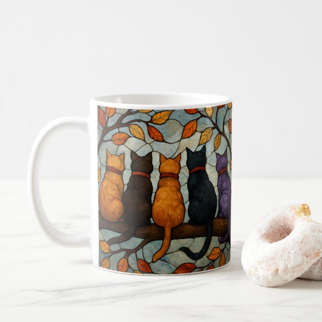 Mug Five Cats on a Tree Branch Stained Glass Style (Avec donut)