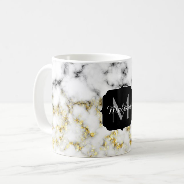 Mug Flacon brillant en marbre noir et blanc Monogramme (Devant gauche)