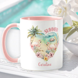 Mug Flamant rose Coeur d'été Tropical Girl Nom rose
