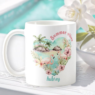 Mug Flamant rose Coeur d'été Tropical Nom personnalisé