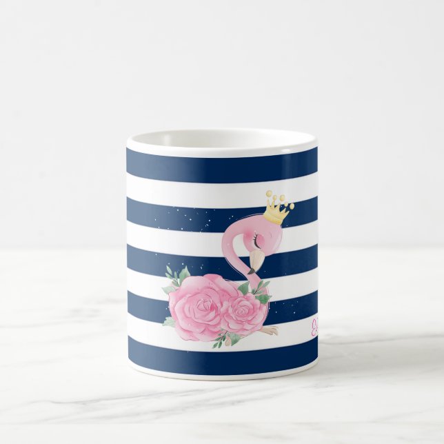 Mug Flamant Rose,Couronne,Roses Rayures Bleu Marine (Centre)