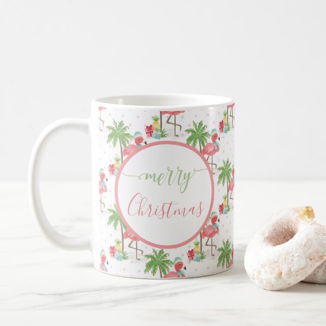 Mug Flamant rose de Noël rose tropical Bleu Santa Chap (Avec donut)