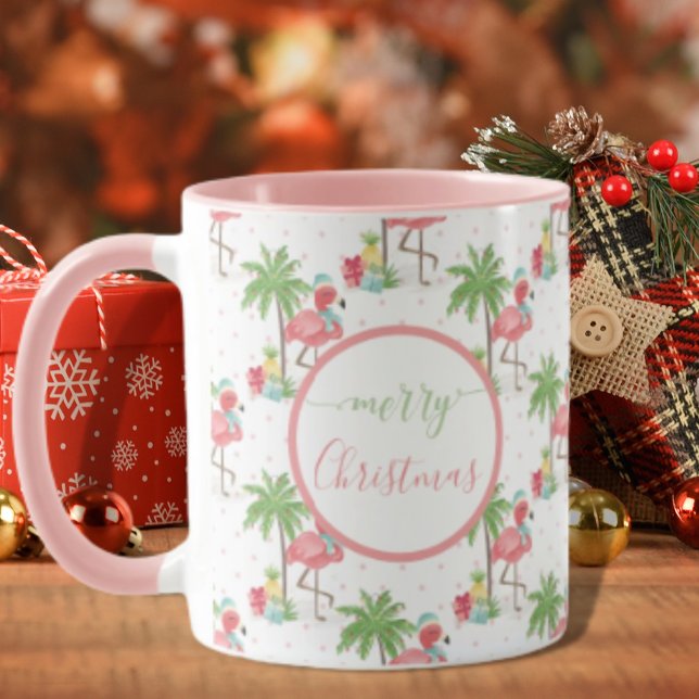 Mug Flamant rose de Noël tropical Bleu Santa Chapeau r (Créateur téléchargé)
