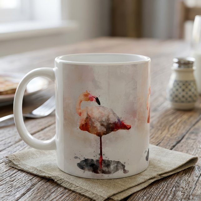 Mug Flamant Rose Debout en Impression d'Art à l'Aquare (Pink Flamingo Standing in Watercolor Art Print. Coffee Mug)