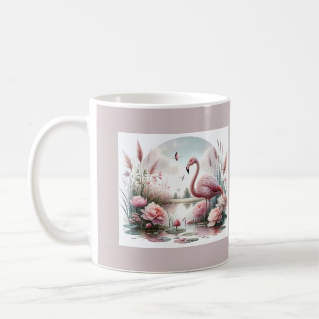 Mug Flamant rose en Pastel Pond Floral Scene (Gauche)
