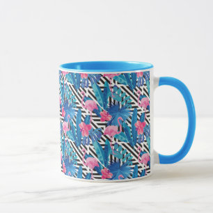 Mug Flamant rose et paumes sur le motif géométrique