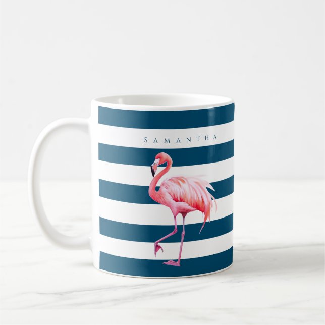 Mug Flamant rose moderne bleu blanc rayé rose Nom pers (Gauche)