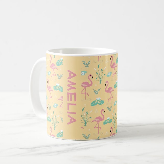 Mug Flamant rose motif jaune mignon nom (Devant gauche)