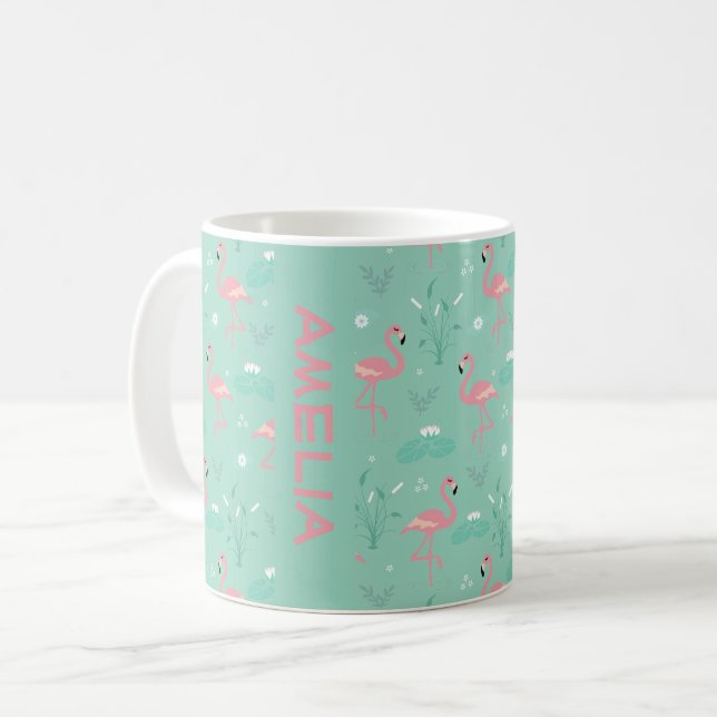 Mug Flamant rose motif mignon vert sarcelle nom (Devant gauche)