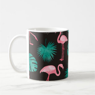 Mug Flamant rose, palmiers feuilles : aquarelle tropic
