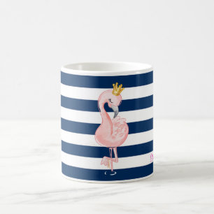 Mug Flamant Rose, Rayures Bleu Nuit Couronne