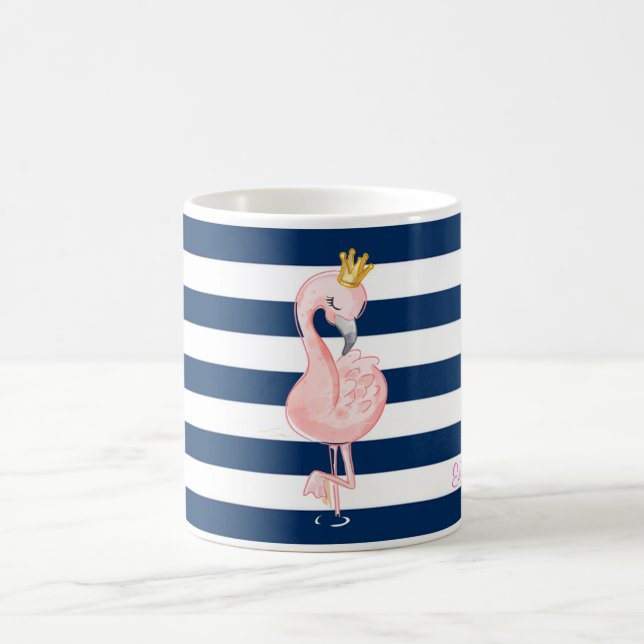 Mug Flamant Rose, Rayures Bleu Nuit Couronne (Centre)