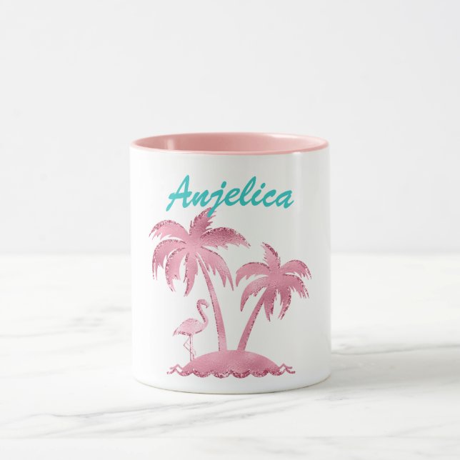 Mug Flamant Rose Rétro Pailleté et Palmiers (Centre)