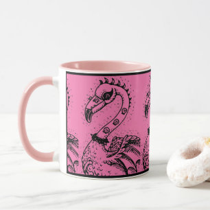 MUG FLAMANT ROSE ROCKER PUNK GOTH, CRÂNES, CHEVEUX POI