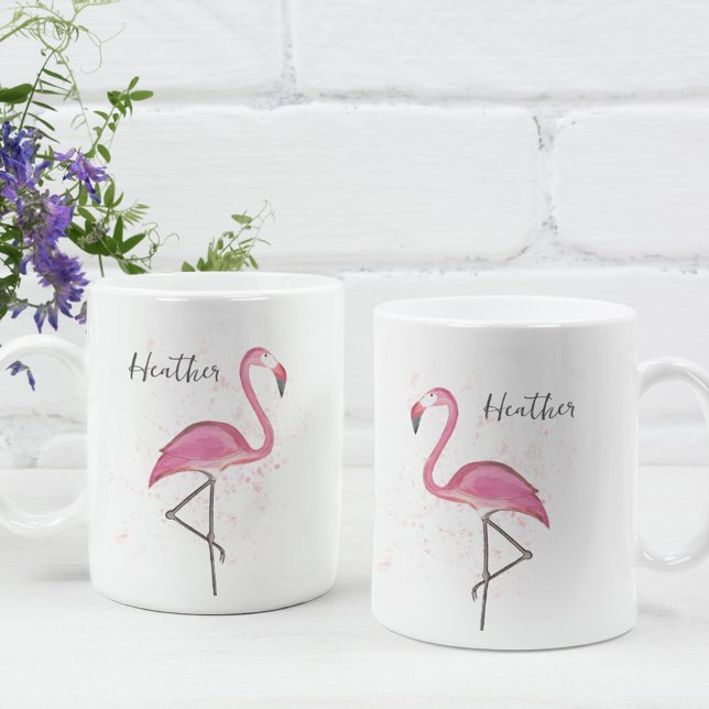 Mug Flamant rose rose élégant Moderne Calligraphie ten (A cute pink flamingo custom mug. With a watercolor pink flamingo)