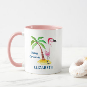 Mug Flamant rose rose en Red Santa Hat Noël tropical
